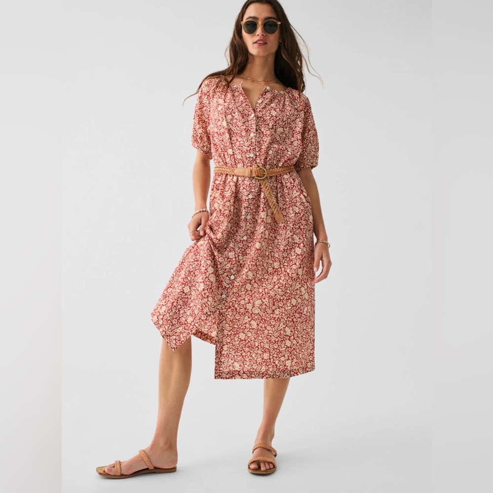 Faherty Red and White Midi Puff Sleeve Sundress